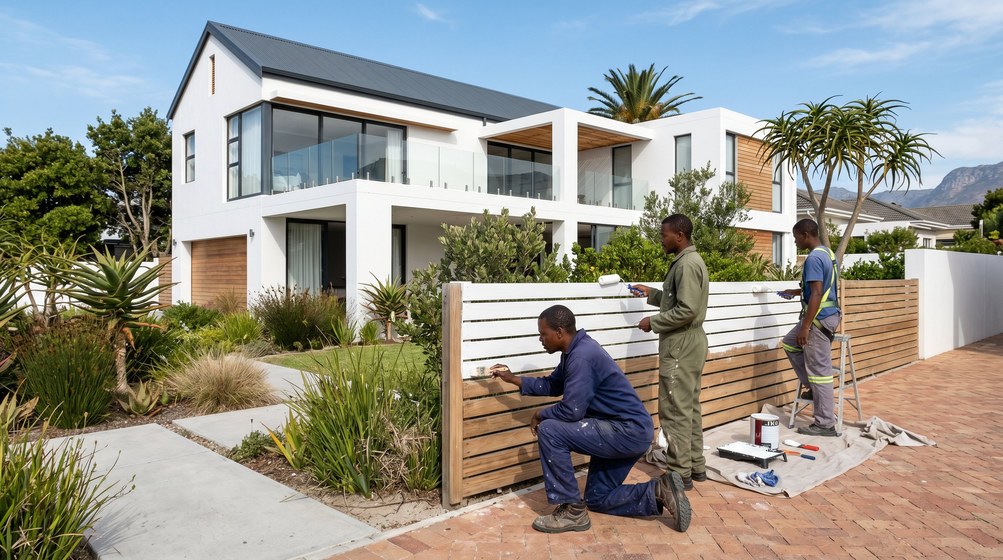 Professional fence painters painting a wooden fence at a coastal home in Sea Point