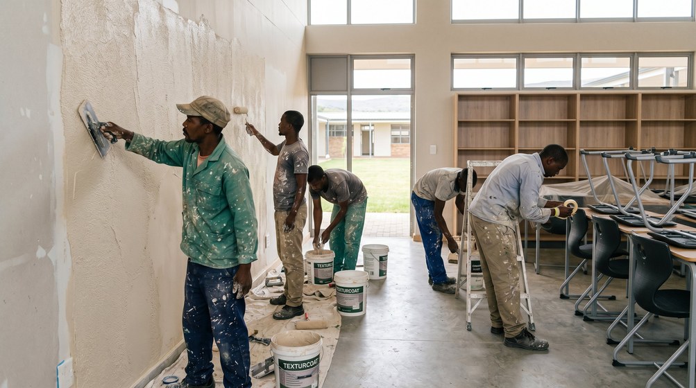 Professional texture coating team applying Texturcoat to interior walls in Sea Point