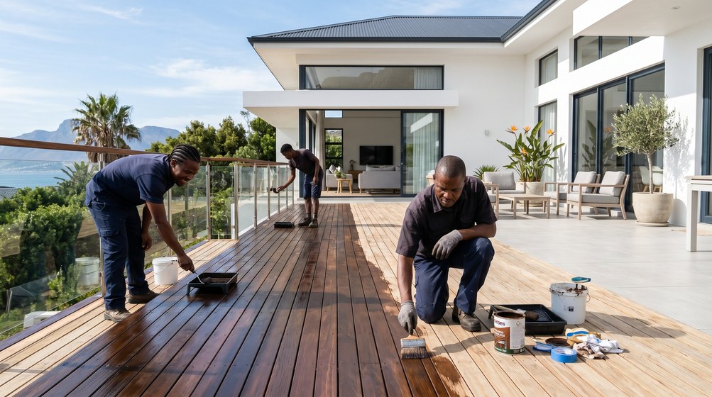 Professional wood staining team applying deck stain overlooking the ocean in Sea Point